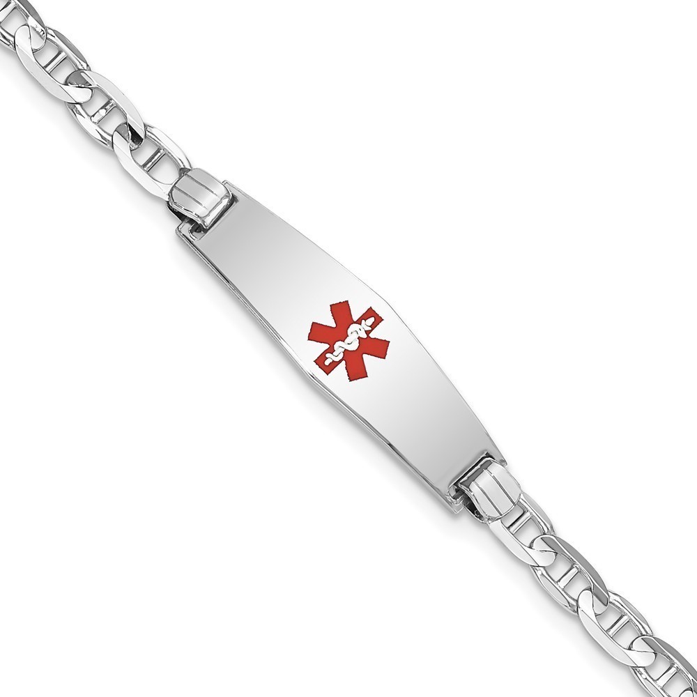 14K WG Medical Soft Diamond Shape Red Enamel Anchor Link ID Bracelet, 7"
